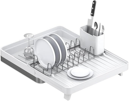 YOJIA Stainless Steel Dish Drying Rack, Extendable Dish Drainer Rack, Drainboard, Detachable Cup Shelf, Rustproof Multifunctional Organizer for Kitchen Counter, Cup Holders, Utensil Holder (14-White)