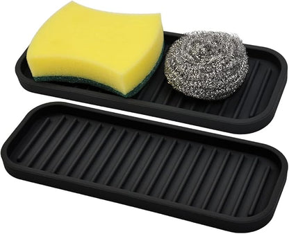 Silicone Sponge Holder Kitchen Sink Organizer Tray Dish Caddy Soap Dispenser, Scrubber Spoon Holder,Dishwashing Accessories 2 Pack (Black)