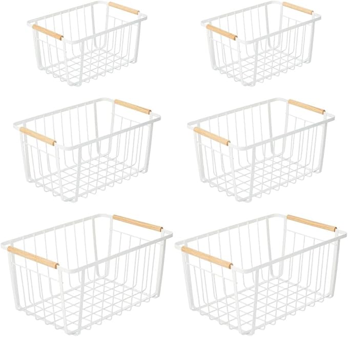 mDesign Metal Farmhouse Wire Organizer Storage Bin Basket with Handle - Rustic Container Organizers for Cabinet, Shelves, Counter, Bathroom, or Kitchen Pantry - Set of 6 - Matte White