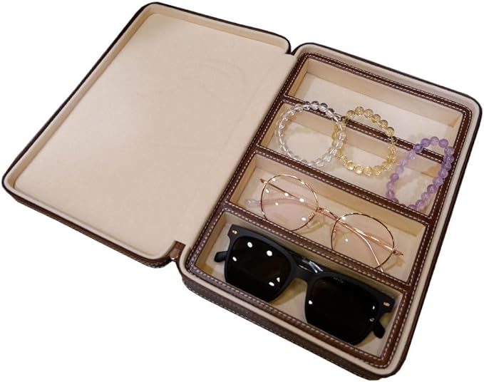 Beaufort 4 Slots PU Leather Eyeglasses Storage Box Sunglasses Box Jewelry Display Case Watch Box for Women Men(4GL-Coffee brown)