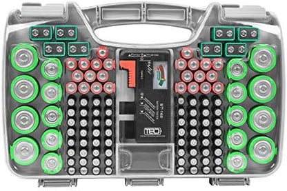 THE BATTERY ORGANISER Storage Case with Tester, Stores & Protects Up to 180 Batteries, Hinge Clear Cover with Locking Lid, Garage Gadget Organization Holds AA AAA C D and More, Gray
