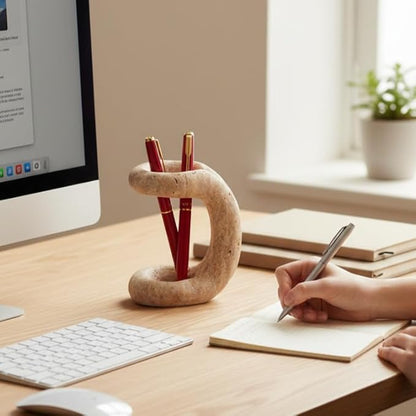 Marble Pen Holder for Desk 4 Inch Travertine Pencil Holder for Desk Accessories & Workspace Organizers - Stone Stationary Holders for Office Decor - Pen Organizer for Gifts