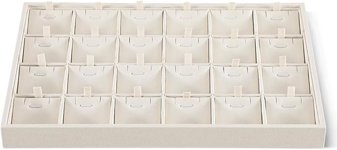 Dansmiy Linen Stackable Necklace Storage Tray, 24 Grid Pendant Display Tray, Jewellery Shop Counter Showcase Table Top Organizers, Makeup Table Drawer Insert Jewelry Tray
