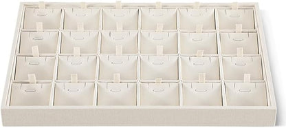 Dansmiy Linen Stackable Necklace Storage Tray, 24 Grid Pendant Display Tray, Jewellery Shop Counter Showcase Table Top Organizers, Makeup Table Drawer Insert Jewelry Tray