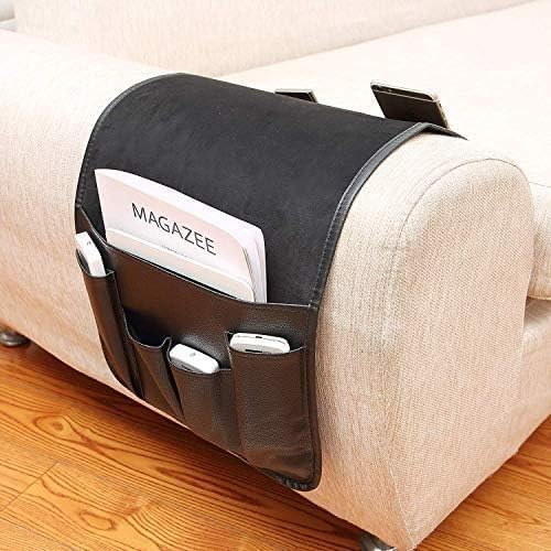 IPENNY No-slip Leather Sofa Couch Remote Control Holder Chair Armrest Caddy Pocket Organizer Storage Bag for Cellphone Tablet Notepad Book Magazines DVD Eyewears Drinker Snacks Holder Pouch
