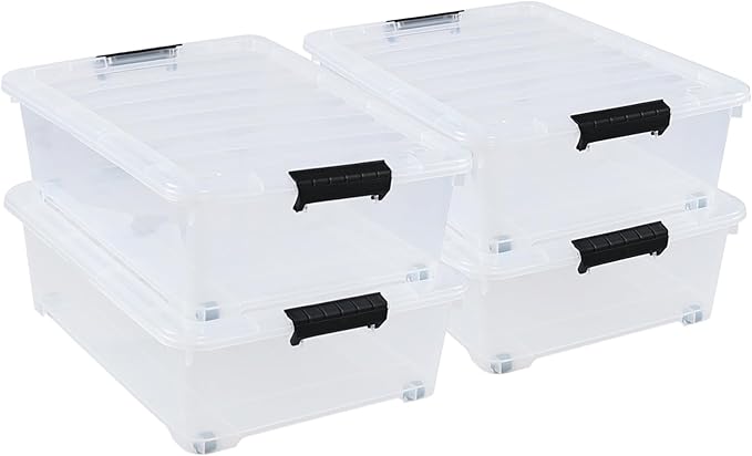 Minekkyes 4-Pack 25 Quart Large Plastic Underbed Clothes Storage Containers Bins, Wheeled Latching Box with Lids for Closet Organizers Shoes Underbed, Clear