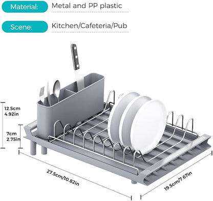 YOJIA Stainless Steel Dish Drying Rack, Extendable Dish Drainer Rack, Drainboard, Detachable Cup Shelf, Rustproof Multifunctional Organizer for Kitchen Counter, Cup Holders, Utensil Holder (Grey-Dish)