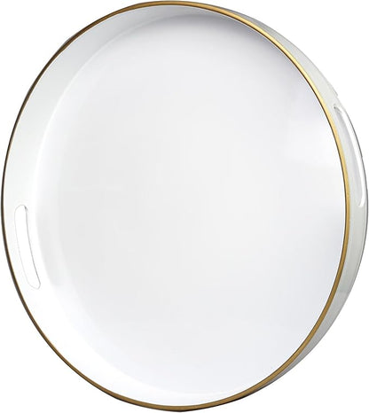 White Round Decorative Tray with Handles, 13" Elegant Coffee Table Serving Tray for Ottoman Living Room, Bathroom, Outdoors, Breakfast