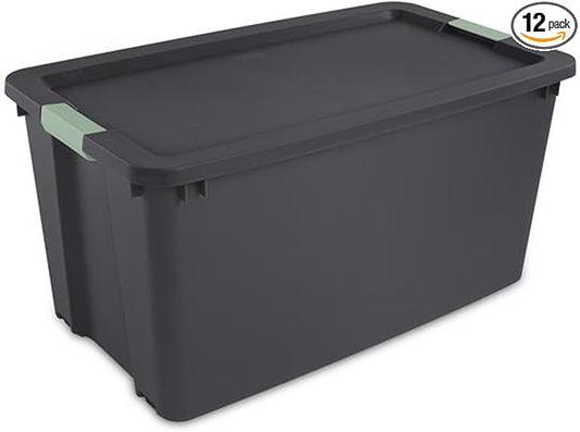 Sterilite 12 Pack 45 Gallon Wheeled Latch Tote, Stackable Plastic Storage Bin, Gray/Green