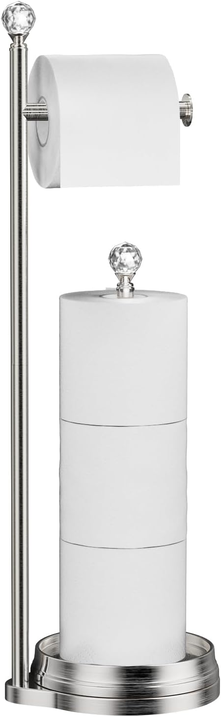 Toilet Paper Holder for Bathroom, Heavy Weighted Metal Free Standing Toilet Paper Holder Stand with Crystal Ball, Toilet Paper Roll Stand for Bathroom Accessories