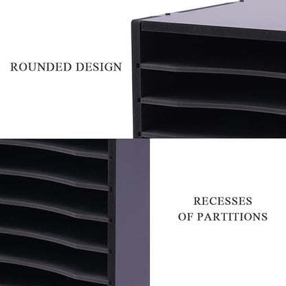 Vertical Desktop Sorter 11 Slots, Black Mail Organizer Vertical File Organizer, PVC Paper Sorter Organizer with 11 Adjustable Compartments, Construction Paper Storage Mailbox for Home Office (Black)