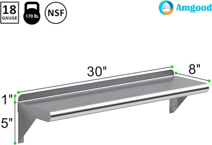 AmGood 30" Long X 8" Deep Stainless Steel Wall Shelf | NSF Certified | Appliance & Equipment Metal Shelving | Kitchen, Restaurant, Garage, Laundry, Utility Room