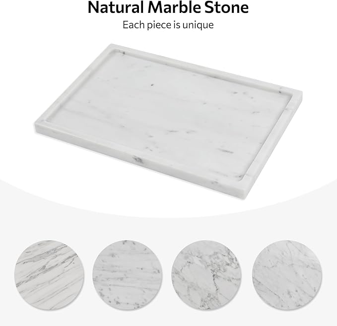Faticdorr Carrara White Marble Tray, Marble Vanity Tray, Bathroom, Decor for Trinket Perfume Jewelry Candle, Large, 12 Inch Rectangular
