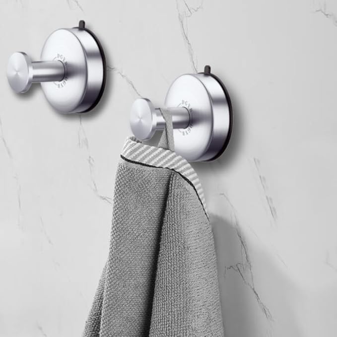 DGYB Suction Cup Hooks for Shower Brushed Nickel Bathroom Hooks Suction Set of 2 Removable Wall Hook for Hanging Towels, Robe, Loofah, Coats