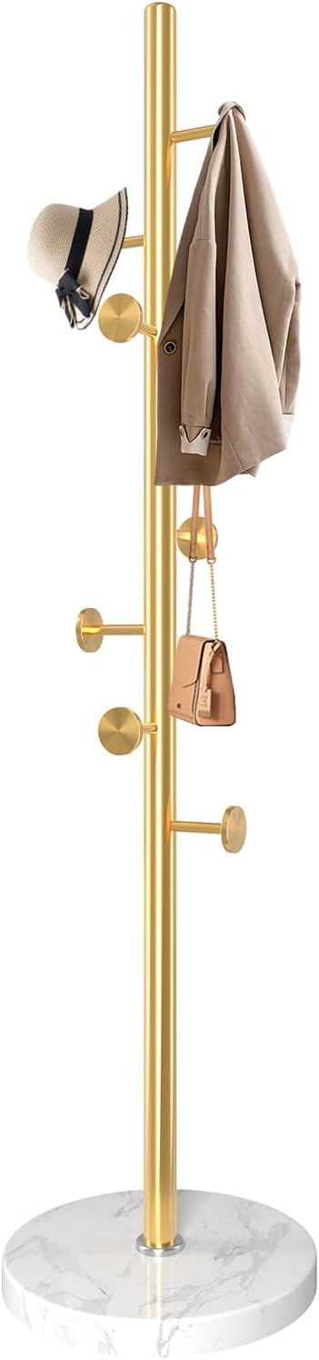 Metal Coat Rack Freestanding, Sturdy Coat Rack Stand with Natural Marble Base, Modern Golden Coat Racks Tree Hats Hanger Holder Stand for Entryway, Hallway, Bedroom