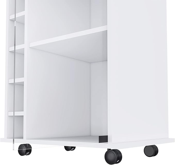Mobile Bar Cart with Glass Door Cabinet, 6 Wine Bottle Storage Cubbies, Carbon Espresso Finish, 35" H x 21.6" W Bar Serving Cart with Wheels (White)