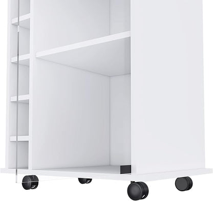 Mobile Bar Cart with Glass Door Cabinet, 6 Wine Bottle Storage Cubbies, Carbon Espresso Finish, 35" H x 21.6" W Bar Serving Cart with Wheels (White)