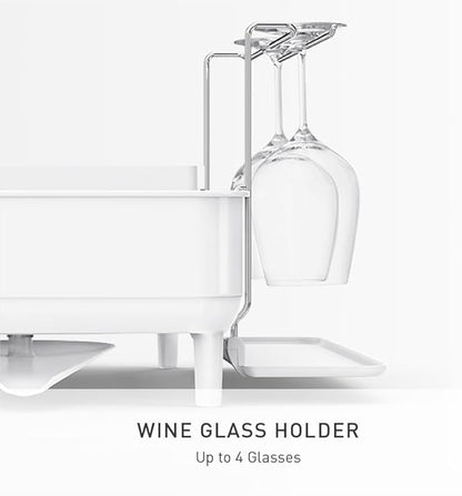 simplehuman Large Capacity Dish Drying Rack with Stainless Steel Frame, 360º Easy Drain Swivel Spout, Utensil & Wine Glass Holder, Anti-Residue Coating, Moisture Control Surface, White