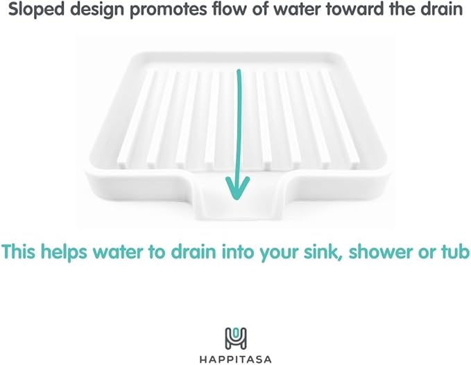 Happitasa Silicone Soap Dish Tray and Sponge Holder with Drain Chute, Pack of 2 | Bathroom and Kitchen Sink Organizer Caddy (Black, 5.2"x4", 7.2 Ounces)