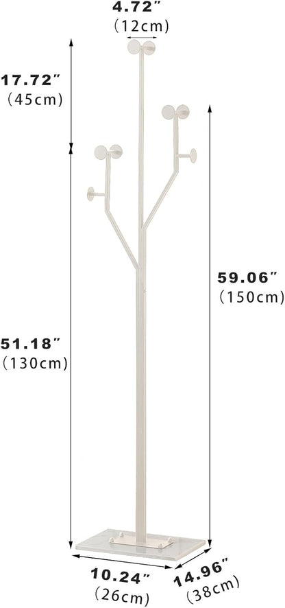 Heavy Duty Coat Rack Tree-shaped Metal Freestanding Coat Tree with Sturdy Marble Base Corner Coat Rack for Bedroom Entryway Hallway 14.96 x 10.24 x 68.9 Inches (White)
