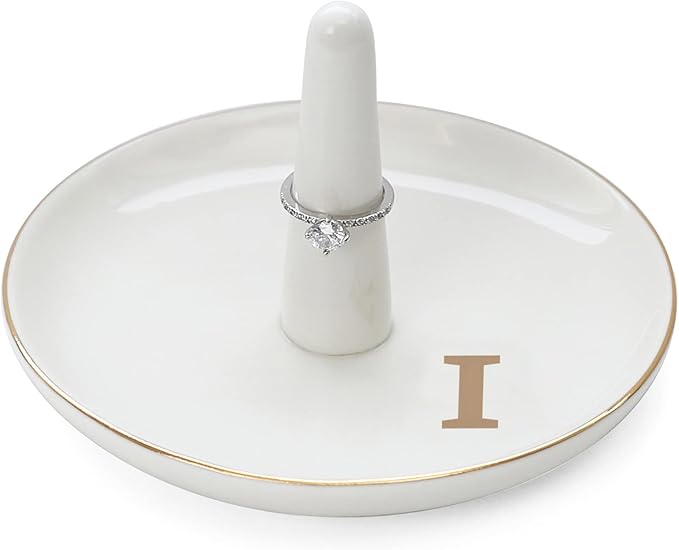 HOME SMILE Initials Ring Holder Jewery Tray with personalized I-Monogrammed Engagement Gifts for Friends,Birthday Mother's Day Christmas Gifts for Women,Ceramic White