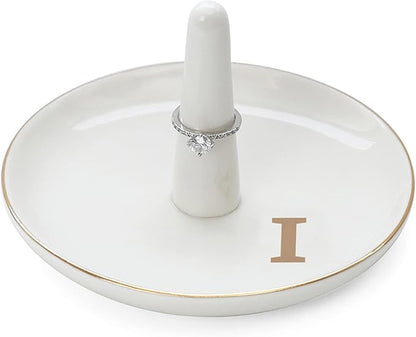 HOME SMILE Initials Ring Holder Jewery Tray with personalized I-Monogrammed Engagement Gifts for Friends,Birthday Mother's Day Christmas Gifts for Women,Ceramic White