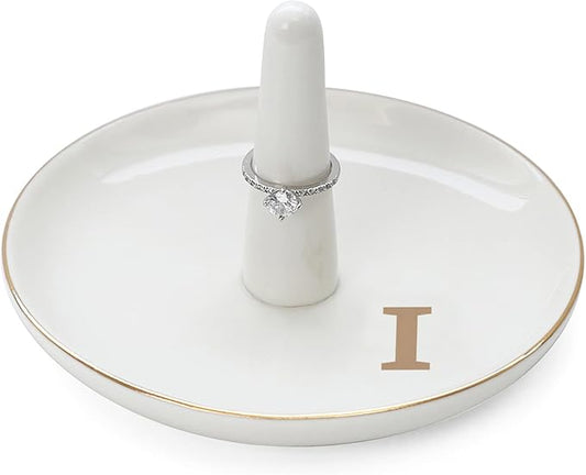 HOME SMILE Initials Ring Holder Jewery Tray with personalized I-Monogrammed Engagement Gifts for Friends,Birthday Mother's Day Christmas Gifts for Women,Ceramic White