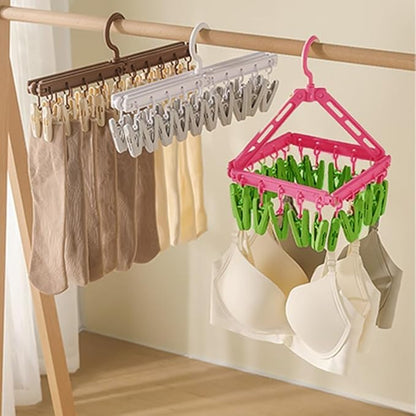 Multipurpose Clothes Drying Rack with 20 Clips – Foldable Sock Hanger with Rotating Hook – Space Saving Underwear & Bra Drying Rack – Portable Travel Laundry Hanger for Balcony Bathroom