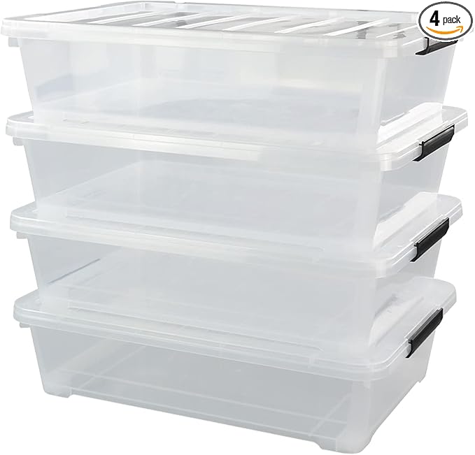 Minekkyes 4-Pack 40 Quart Large Plastic Under Bed Storage Bin, Underbed Box With Wheels/Lids, Clear