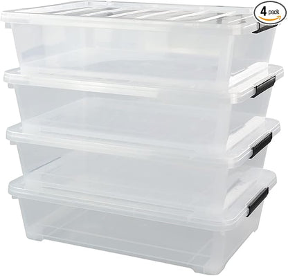 Minekkyes 4-Pack 40 Quart Large Plastic Under Bed Storage Bin, Underbed Box With Wheels/Lids, Clear