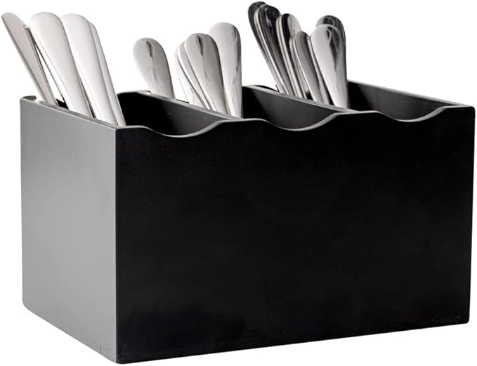 Restaurantware 8.25 x 5.5 x 4.75 Inch Flatware Display 1 Countertop Buffet Utensil Caddy - 3 Compartment For Parties Picnics Homes or Restaurants Black Bamboo Cutlery Holder Upright