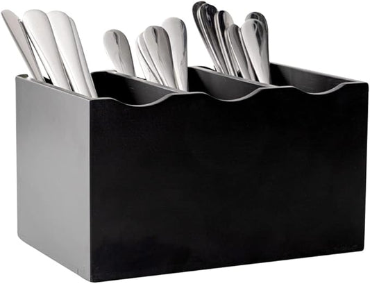 Restaurantware 8.25 x 5.5 x 4.75 Inch Flatware Display 1 Countertop Buffet Utensil Caddy - 3 Compartment For Parties Picnics Homes or Restaurants Black Bamboo Cutlery Holder Upright