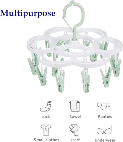 Clothespin Rack Laundry Drying Rack,Clothes Hangers with 16 Clips,Clip Hanger Drip Hanger for Drying Underwear,Baby Clothes,Socks,Bras,Towel,Pants,Hat,Scarf,Cloth Diapers,Gloves (Light Green)