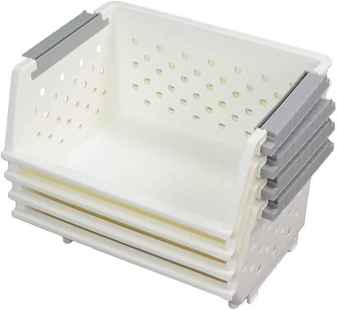4-Pack White Stackable Storage Basket, Stacking Kitchen Organizer Bins
