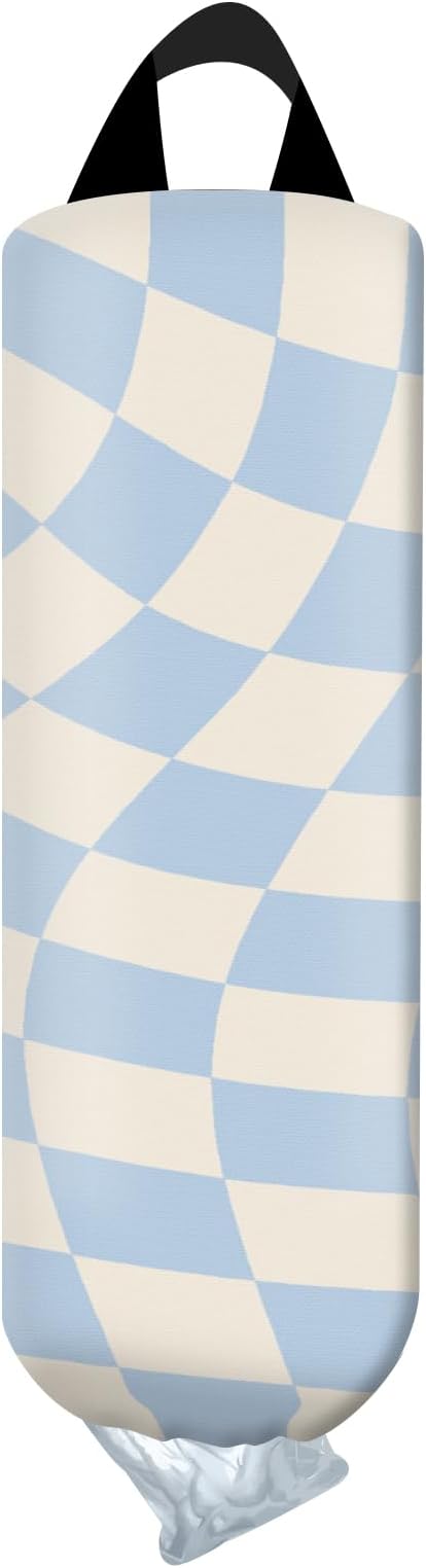 Plastic Bag Holder, Wall Mount Grocery Bag Organizer, Funny Hanging Trash Bag Storage Dispenser for Home Kitchen Cute Blue Checkerboard