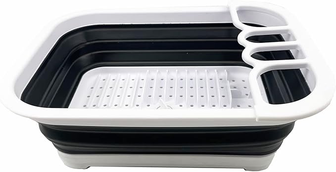 SAMMART 7.3L (1.9 Gallon) Collapsible Plastic Dish Drainer with Drainer Board-Foldable Drying Rack Set - Portable Dinnerware Organizer-Space Saving (White/Charcoal Black)