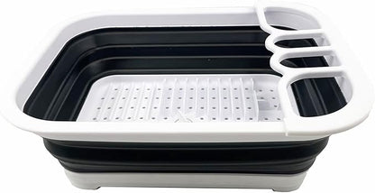 SAMMART 7.3L (1.9 Gallon) Collapsible Plastic Dish Drainer with Drainer Board-Foldable Drying Rack Set - Portable Dinnerware Organizer-Space Saving (White/Charcoal Black)