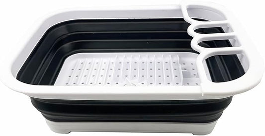 SAMMART 7.3L (1.9 Gallon) Collapsible Plastic Dish Drainer with Drainer Board-Foldable Drying Rack Set - Portable Dinnerware Organizer-Space Saving (White/Charcoal Black)