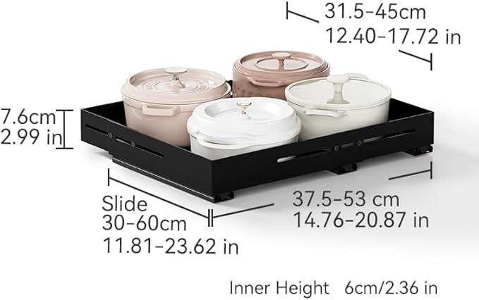 Pull-out Cabinet Organizer,Adjustable Depth(12.8"-17.5") And Width(14.8"-20.5"),3 Silent slides and 2 Support Pulleys,Easy to Assemble and Heavy-Duty Storing slide-out drawer,Black
