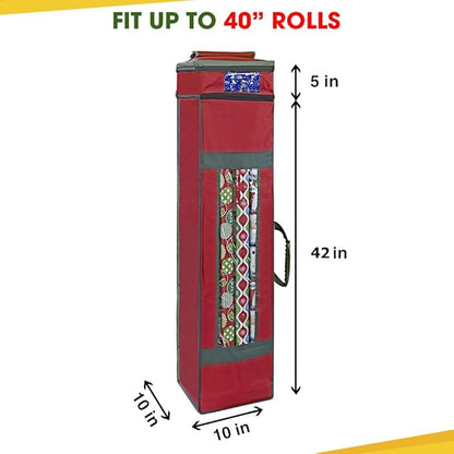 ProPik Wrapping Paper Storage Bag with Pocket and Handles Including Hanging Loop Heavy Duty Material with Clear Window 47 x 10 x 10 Inch Fits 40 Inch Long Rolls (Red, 1 Count)