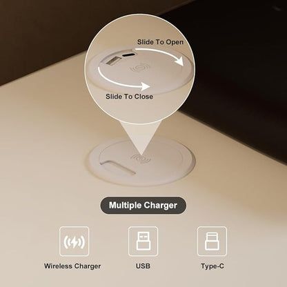 homary Smart Nightstand with Wireless Charging, USB & Type-C Ports – Modern White Leather Night Stand with 2 Drawers, Bedside Table for Bedroom