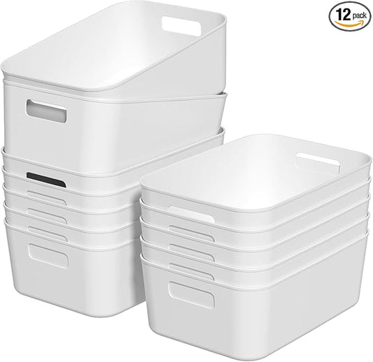 12 Packs Plastic Pantry Organization Bins, White Small Open Storage Containers Bin