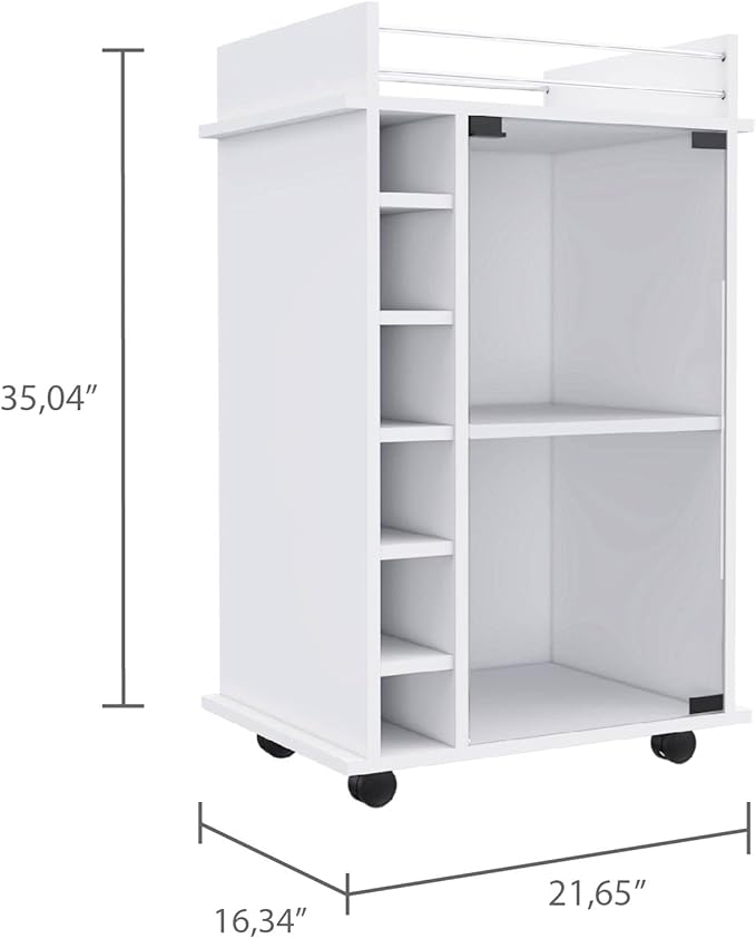 Mobile Bar Cart with Glass Door Cabinet, 6 Wine Bottle Storage Cubbies, Carbon Espresso Finish, 35" H x 21.6" W Bar Serving Cart with Wheels (White)