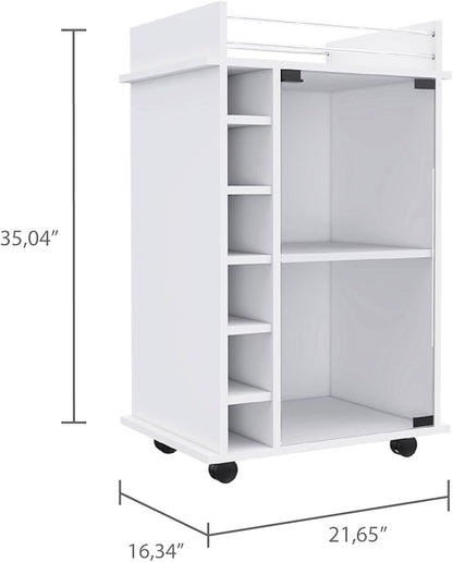 Mobile Bar Cart with Glass Door Cabinet, 6 Wine Bottle Storage Cubbies, Carbon Espresso Finish, 35" H x 21.6" W Bar Serving Cart with Wheels (White)