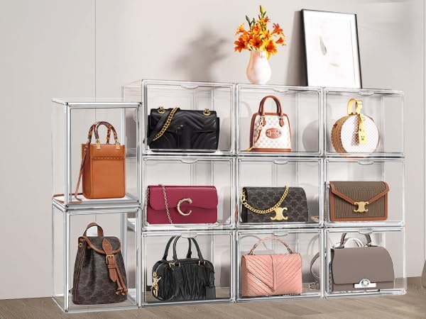 EDS FAM 4 Pack Clear Shoe Box Organizer,Size 14 Acrylic Display Cases for Book Cosmetic Figures Collectibles Showcase,X-Large Bag Stackable Plastic Storage Bins with Magnetic Lid