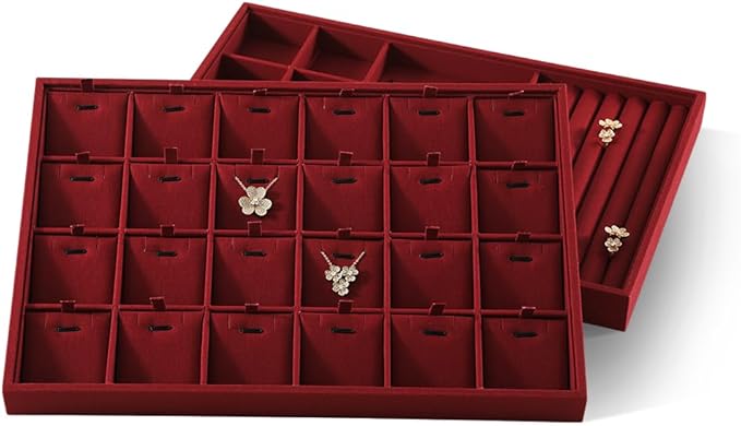 Dansmiy Linen Stackable Necklace Storage Tray, 24 Grid Pendant Display Tray, Jewellery Shop Counter Showcase Table Top Organizers, Makeup Table Drawer Insert Jewelry Tray