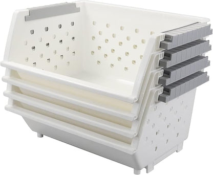 4-Pack Plastic Stackable Storage Basket Organizer, Multi-functional Stacking Basket Bins, White