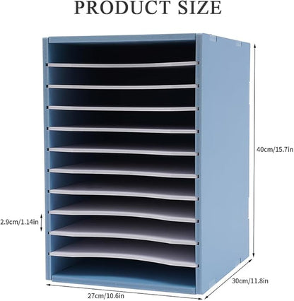 Vertical Desktop Sorter, 11 Slots Blue Mail Organizer Vertical File Organizer, PVC Paper Sorter Organizer with 11 Adjustable Compartments, Construction Paper Storage Mailbox for Home Office (Blue)