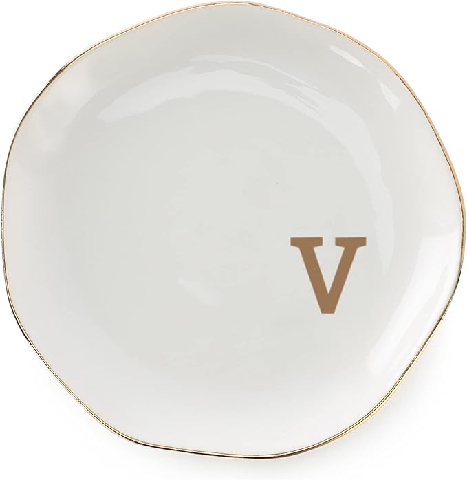 VINCOMIC Initials Ring Dish Jewery Tray with Personalized V-Monogrammed Gifts Wedding Engagement for Women Friends Sister,Ceramic White