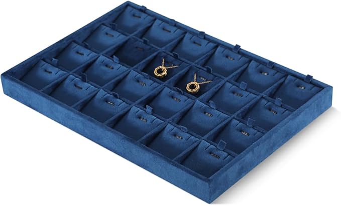 Dansmiy Velvet Necklace Display Tray, Stackable 24 Grid Insert Pendant Necklaces Storage Holder Plate, Jewelry Retail Countertop Organizer (Blue)